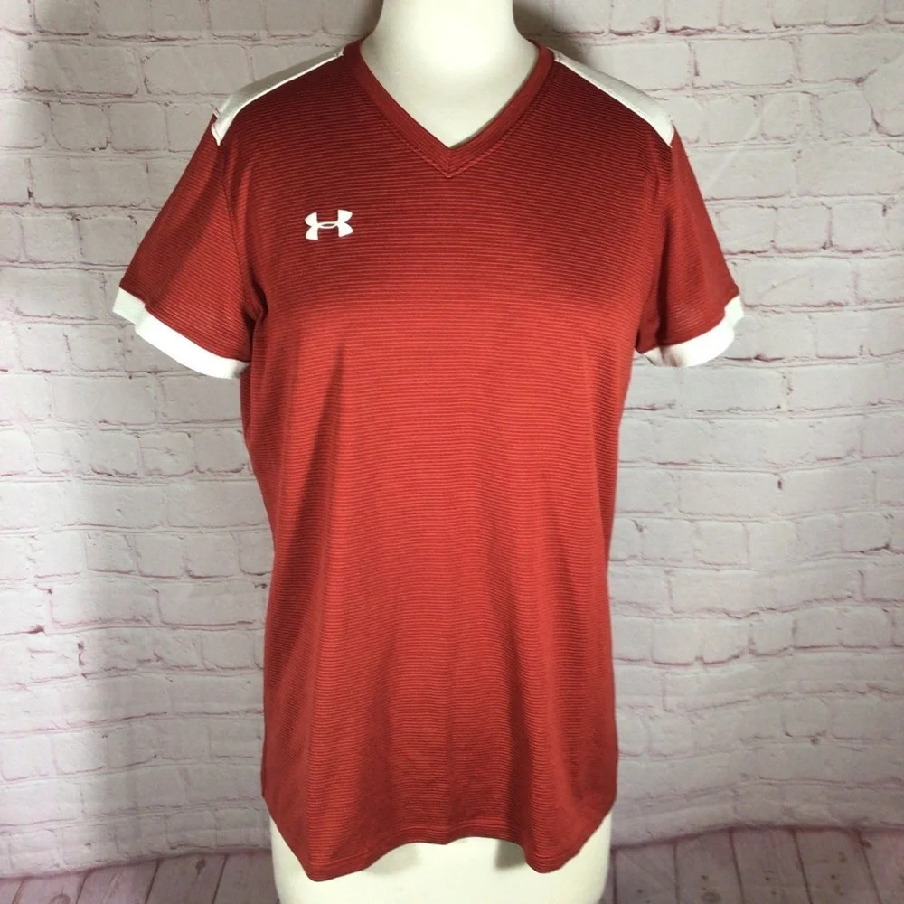 Under Armour Burnt Orange and White Heat Gear Short Sleeve Top - Size Medium